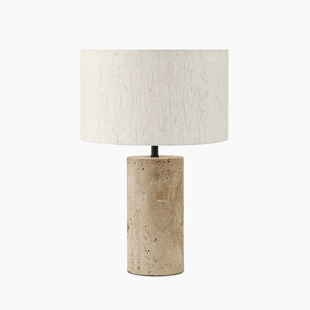 Emberlyn Table Lamp | White Linen & Natural Travertine