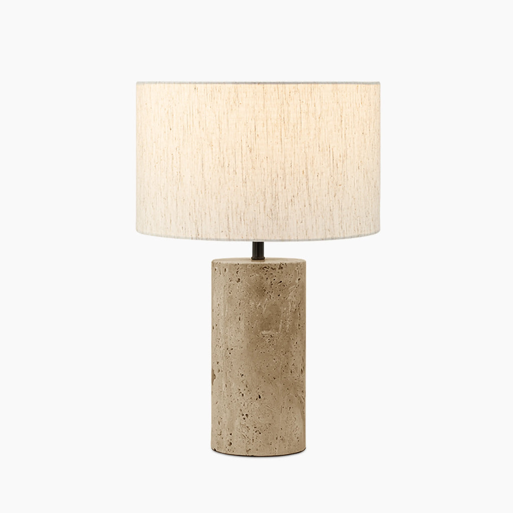 Emberlyn Table Lamp | White Linen & Natural Travertine