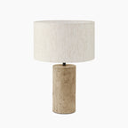 Emberlyn Table Lamp | White Linen & Natural Travertine