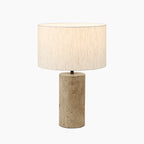 Emberlyn Table Lamp | White Linen & Natural Travertine