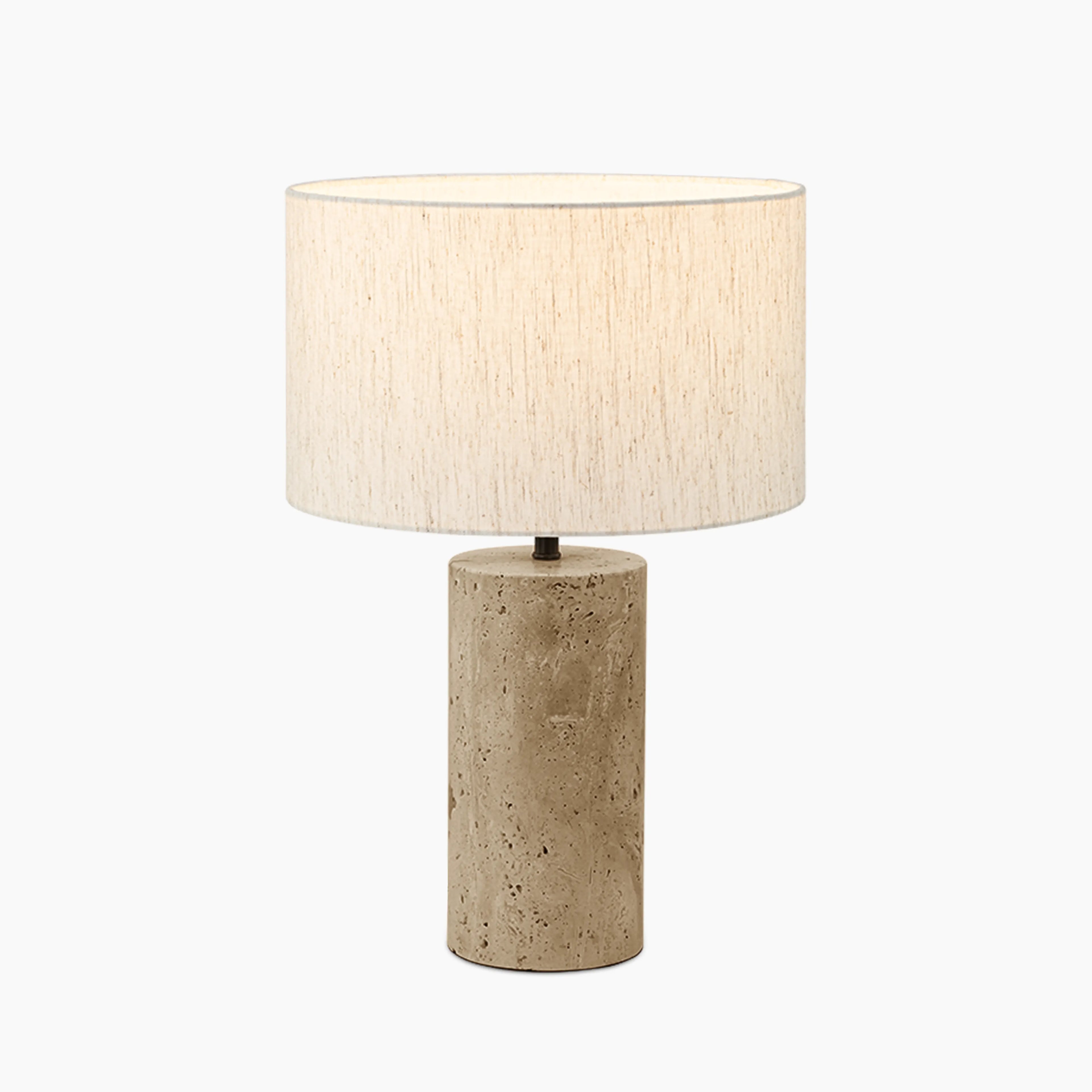 Emberlyn Table Lamp | White Linen & Natural Travertine