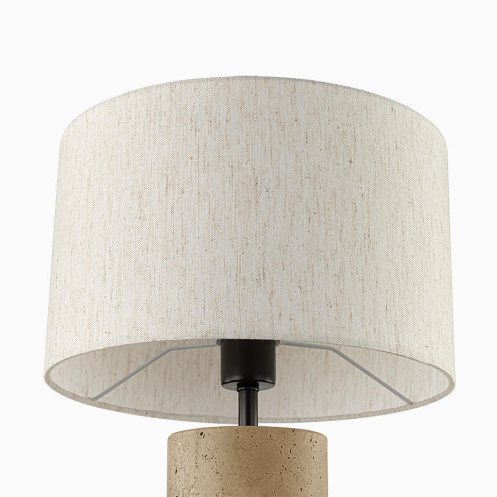 Emberlyn Table Lamp | White Linen & Natural Travertine
