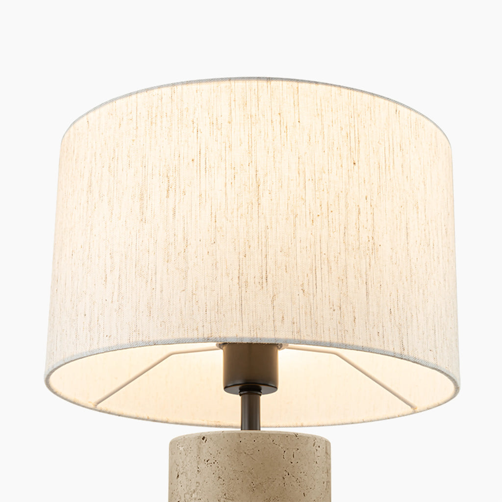 Emberlyn Table Lamp | White Linen & Natural Travertine