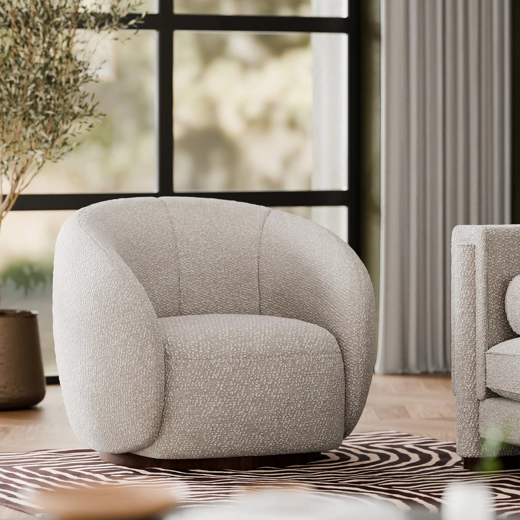 Emile Swivel Armchair | Speckled Stone Sustainable Boucle & Walnut