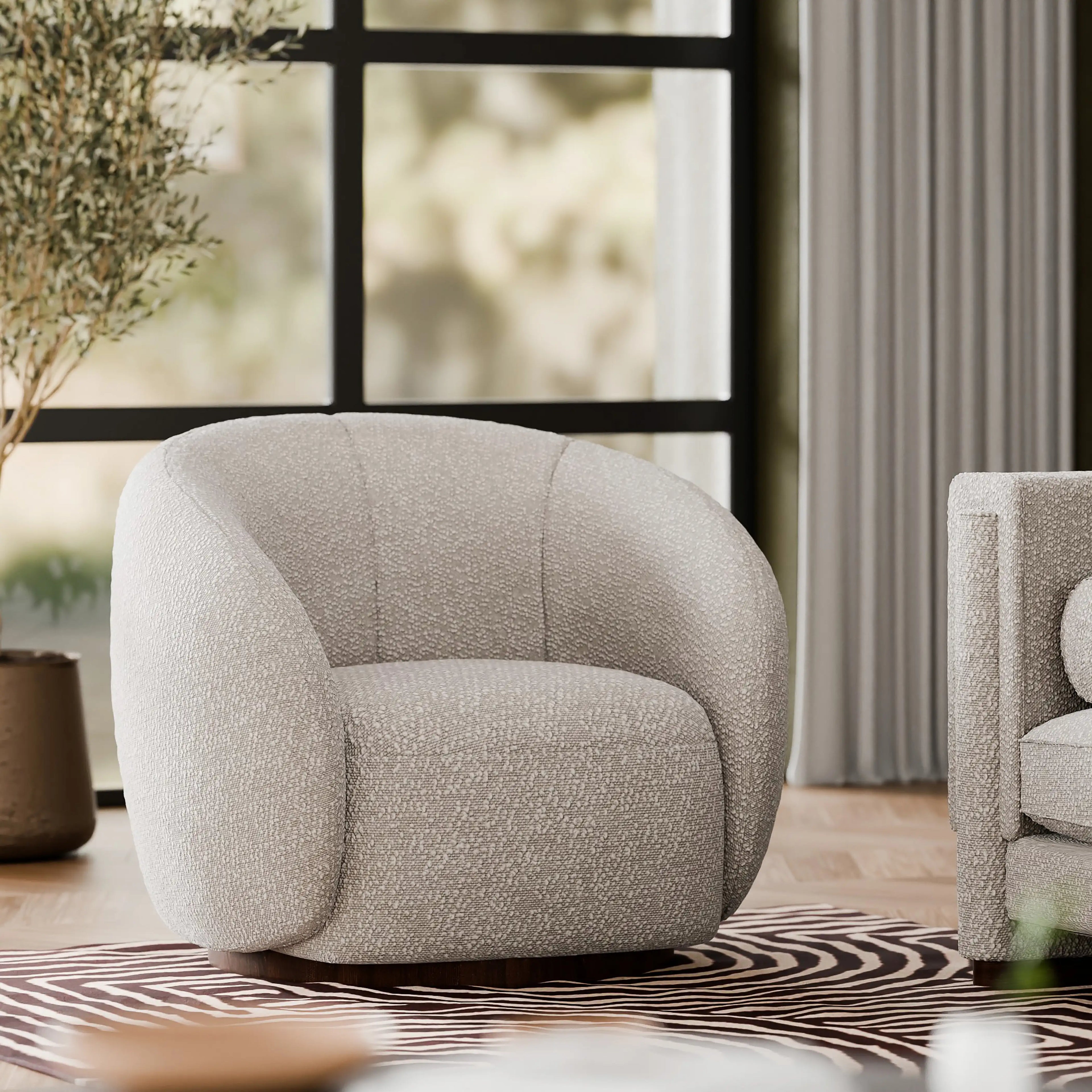 Emile Swivel Armchair | Speckled Stone Sustainable Boucle & Walnut