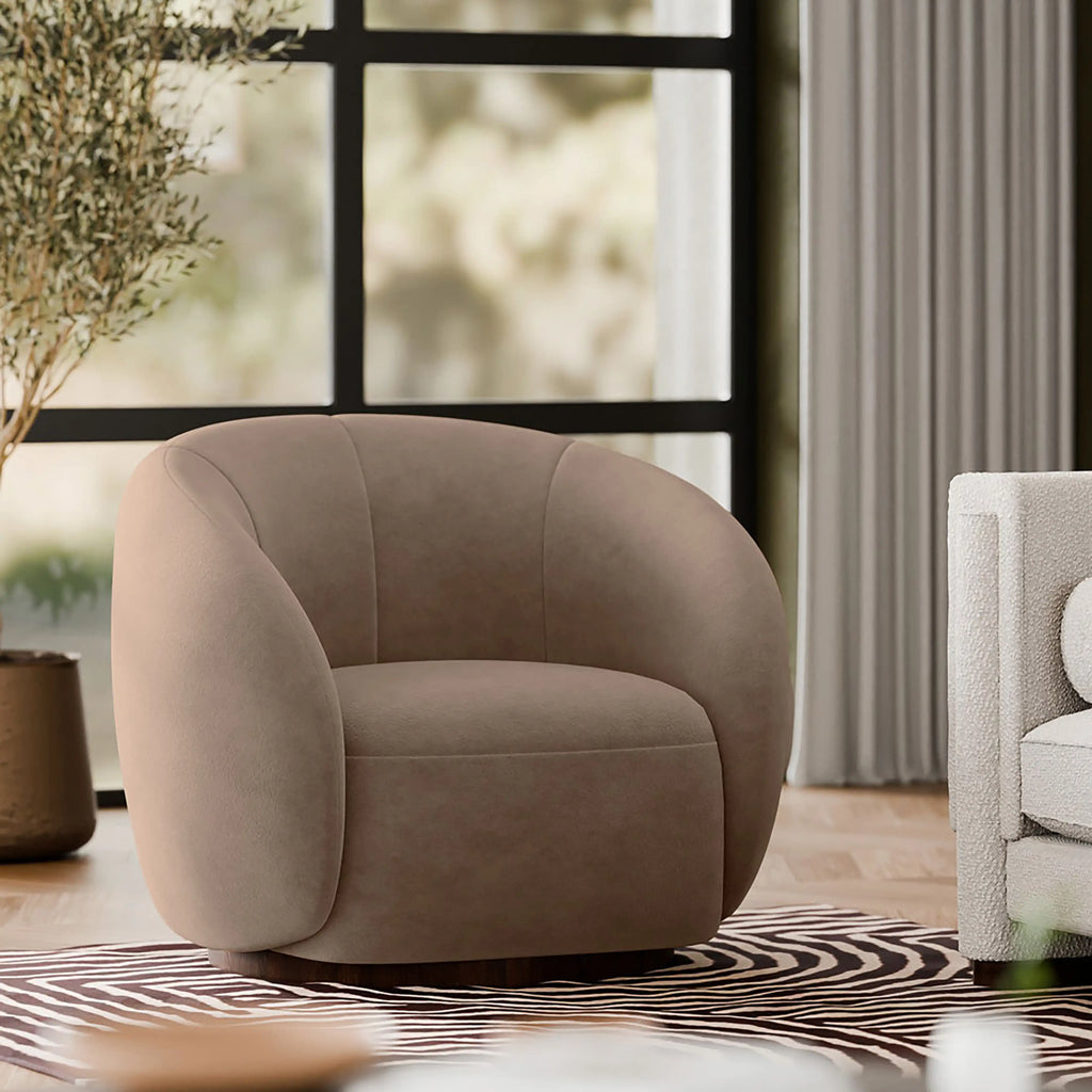 Emile Swivel Armchair | Taupe Sustainable Velvet & Walnut & Walnut