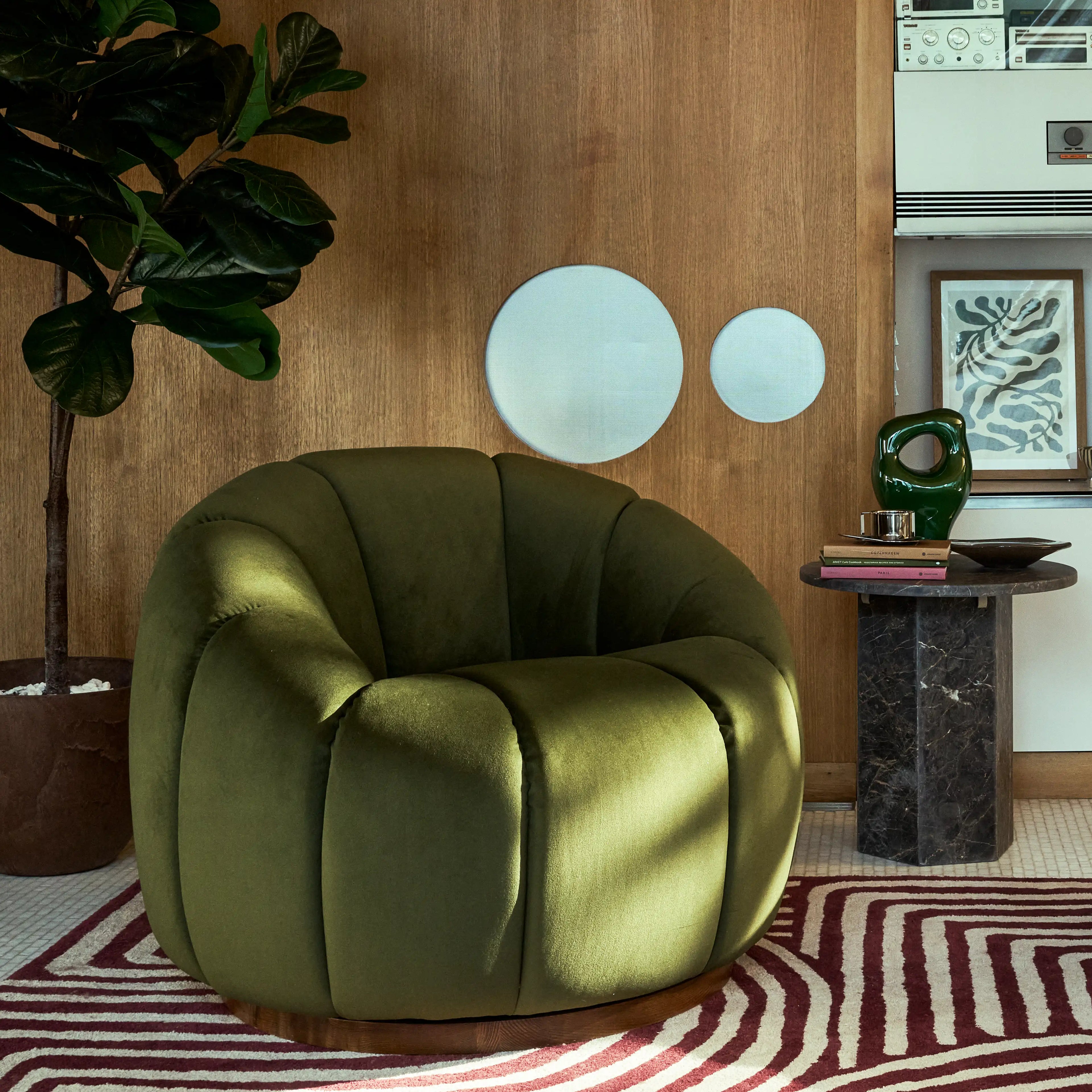 Ivy Swivel Armchair | Olive Green Sustainable Velvet & Walnut