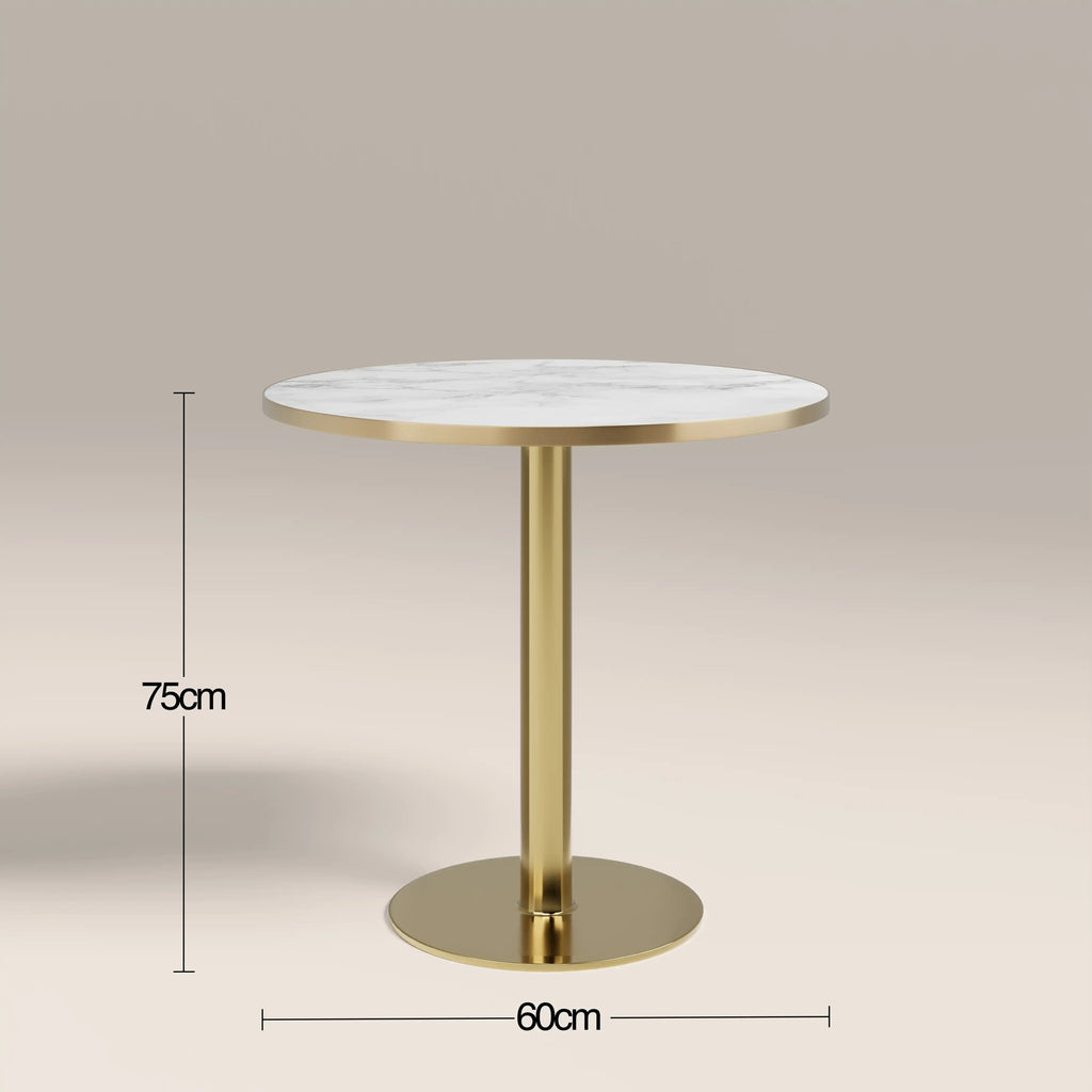 Kinsley 2 Seat Round Dining Table | White Marble Effect & Brass