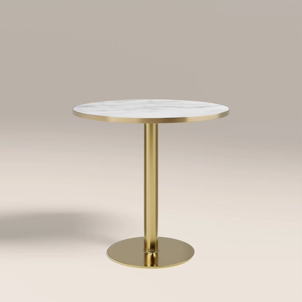 Kinsley 2 Seat Round Dining Table | White Marble Effect & Brass