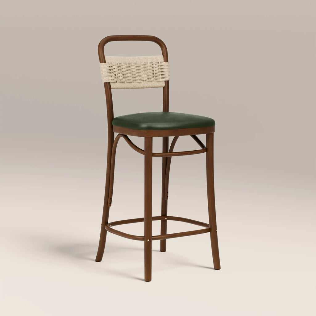 Daisy Wooden Bar Stool | Vintage Green Faux Leather & Walnut