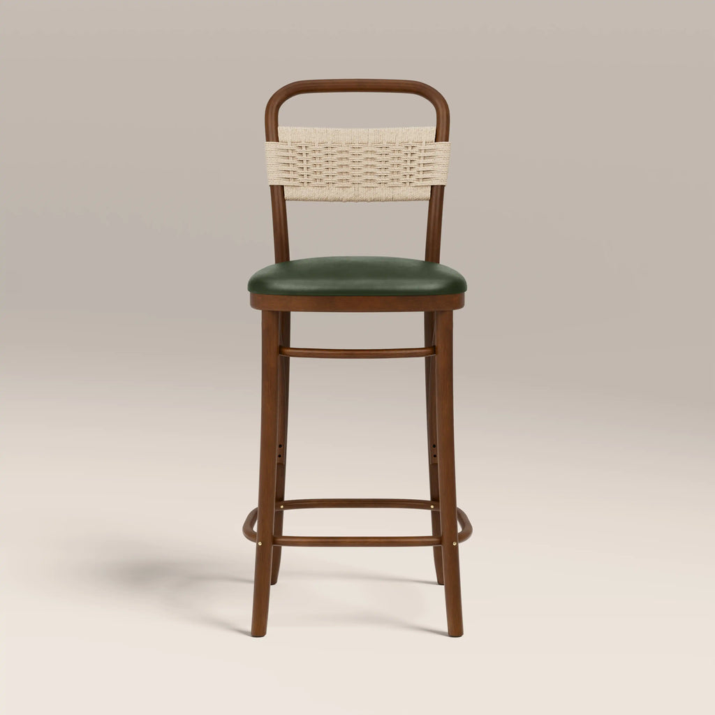 Daisy Wooden Bar Stool | Vintage Green Faux Leather & Walnut