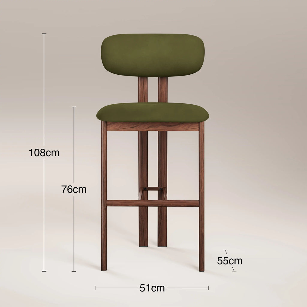 Arbor Bar Stool | Olive Green Sustainable Velvet & Walnut