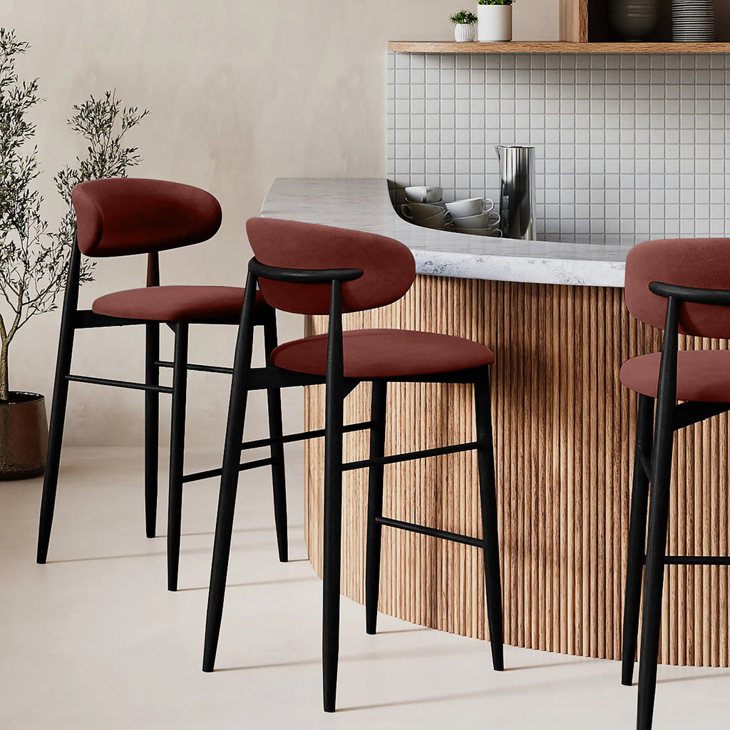 Halston Bar Stool | Rust Red Sustainable Velvet & Black