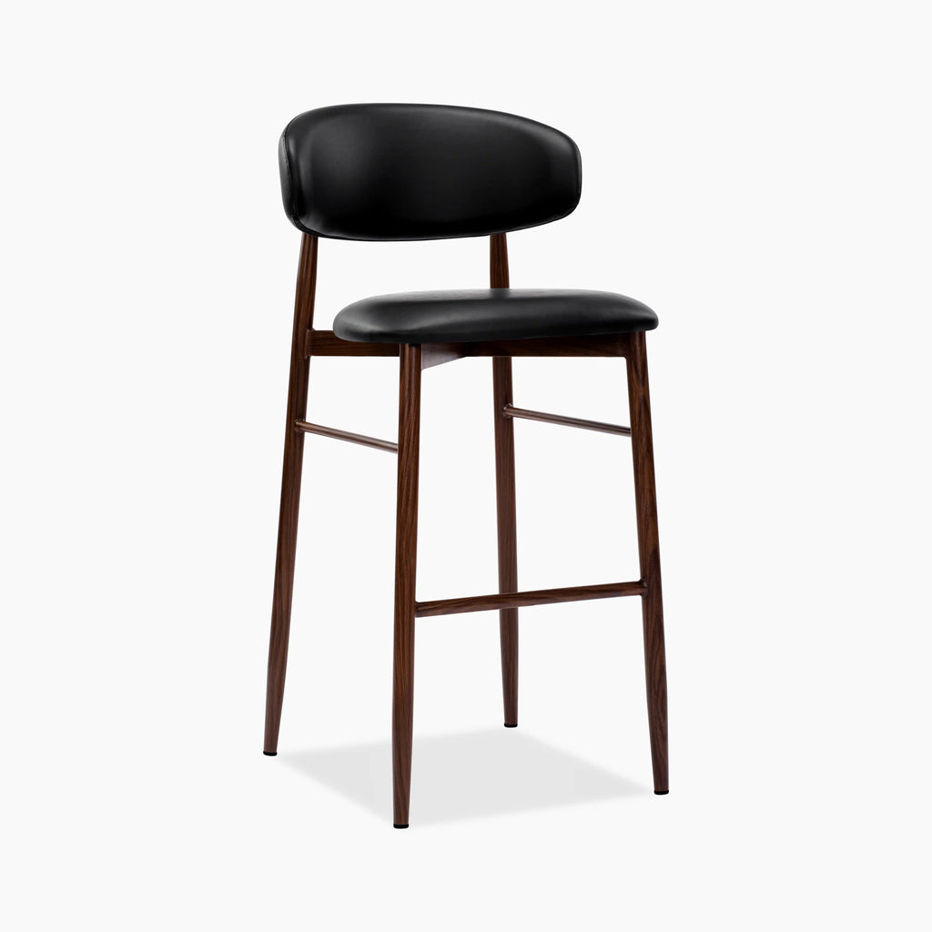 Halston Bar Stool | Vintage Black Faux Leather & Walnut
