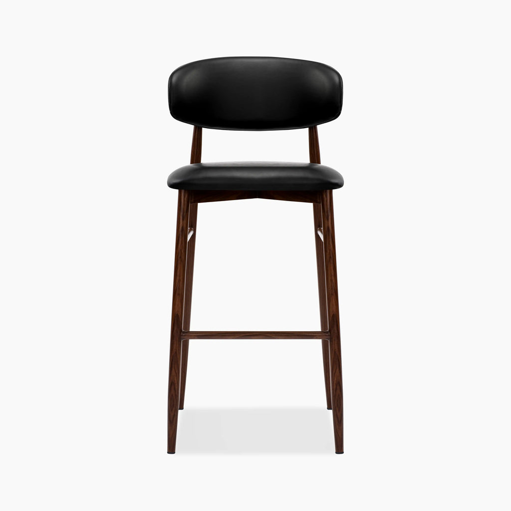 Halston Bar Stool | Vintage Black Faux Leather & Walnut