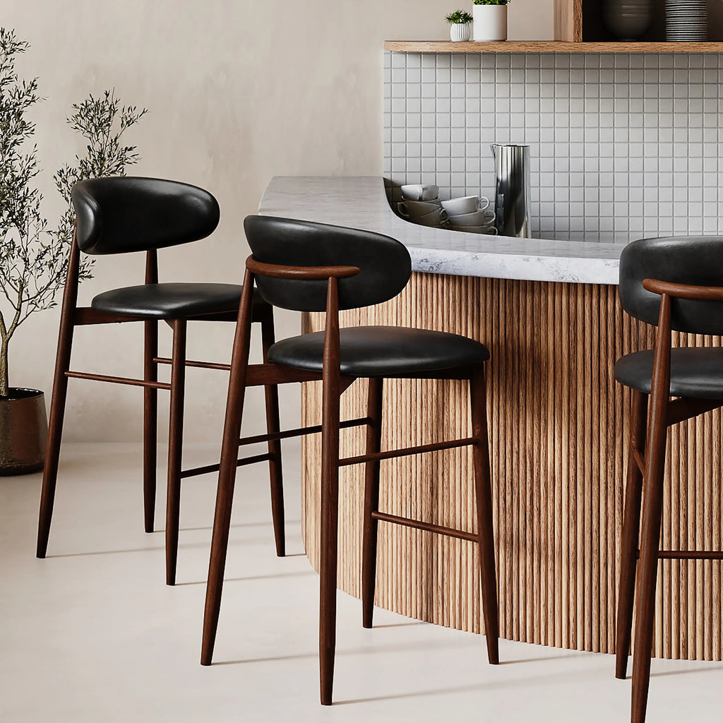 Halston Bar Stool | Vintage Black Faux Leather & Walnut