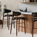 Halston Bar Stool | Vintage Black Faux Leather & Walnut
