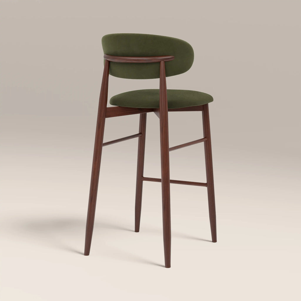 Halston Bar Stool | Olive Green Sustainable Velvet & Walnut