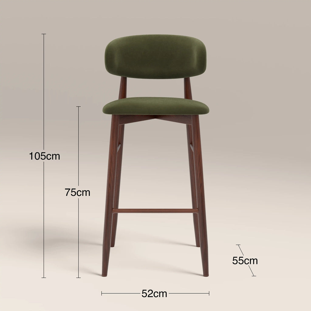 Halston Bar Stool | Olive Green Sustainable Velvet & Walnut