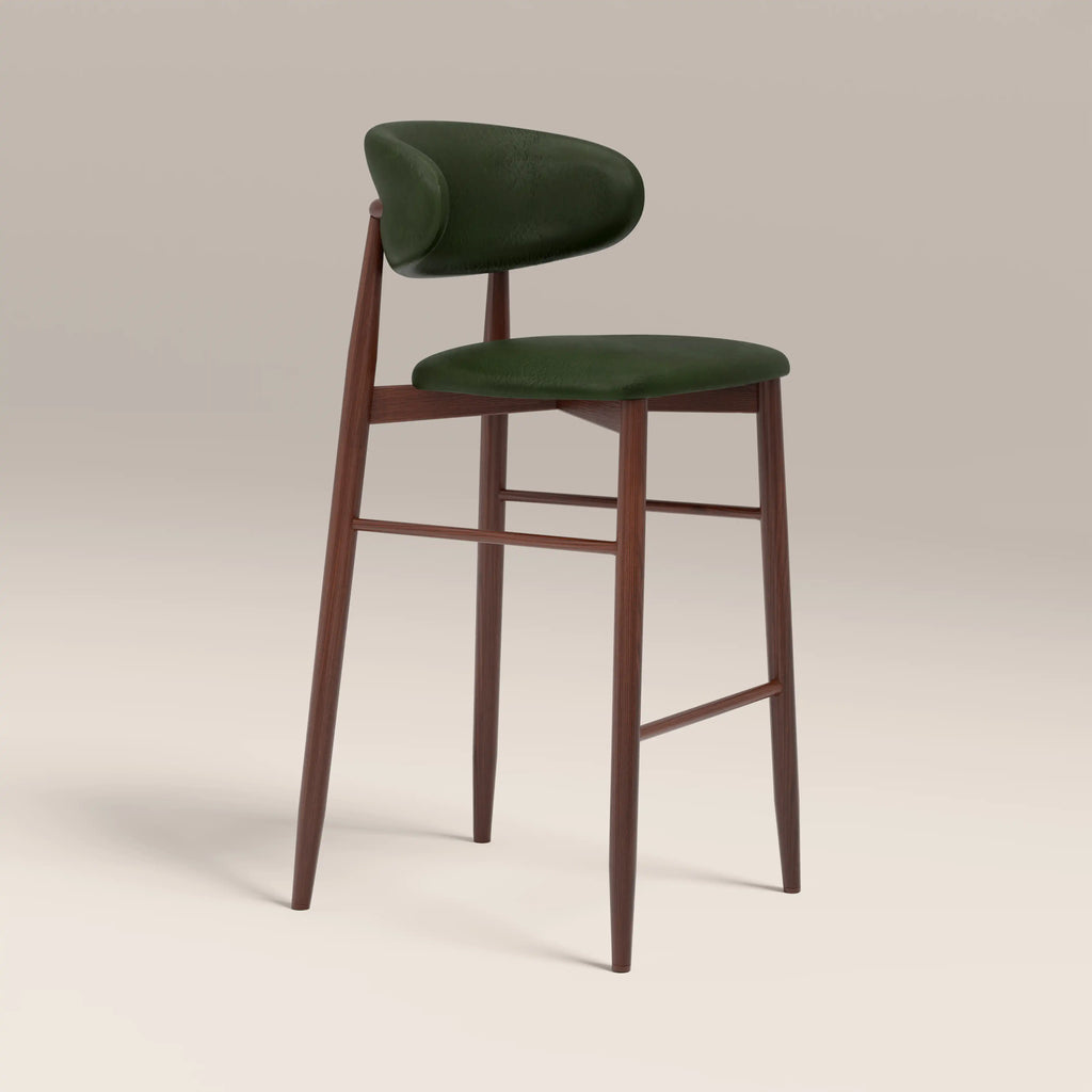 Halston Bar Stool | Vintage Green Faux Leather & Walnut