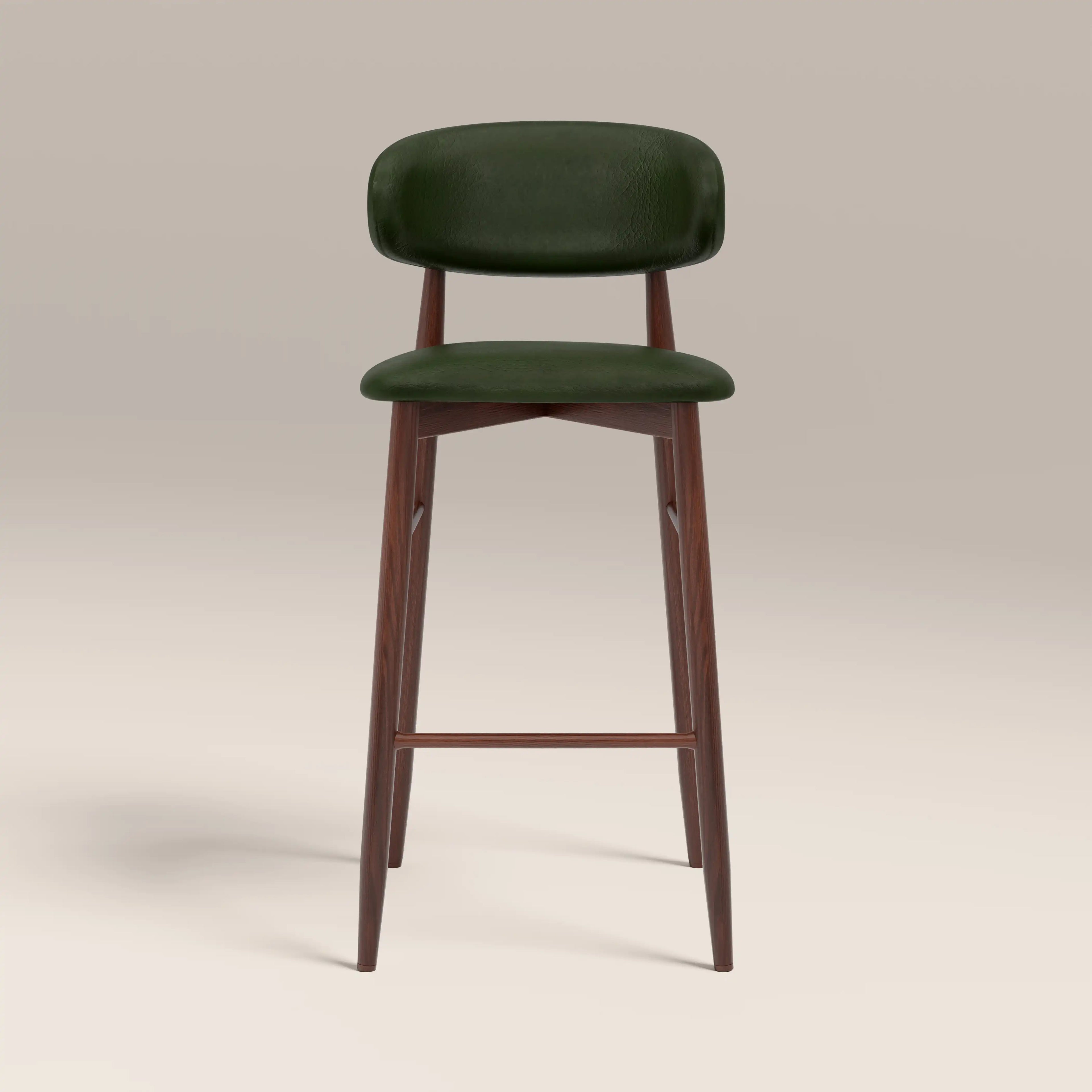 Halston Bar Stool | Vintage Green Faux Leather & Walnut