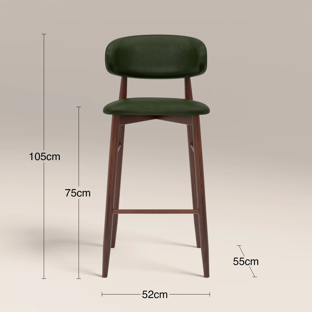 Halston Bar Stool | Vintage Green Faux Leather & Walnut