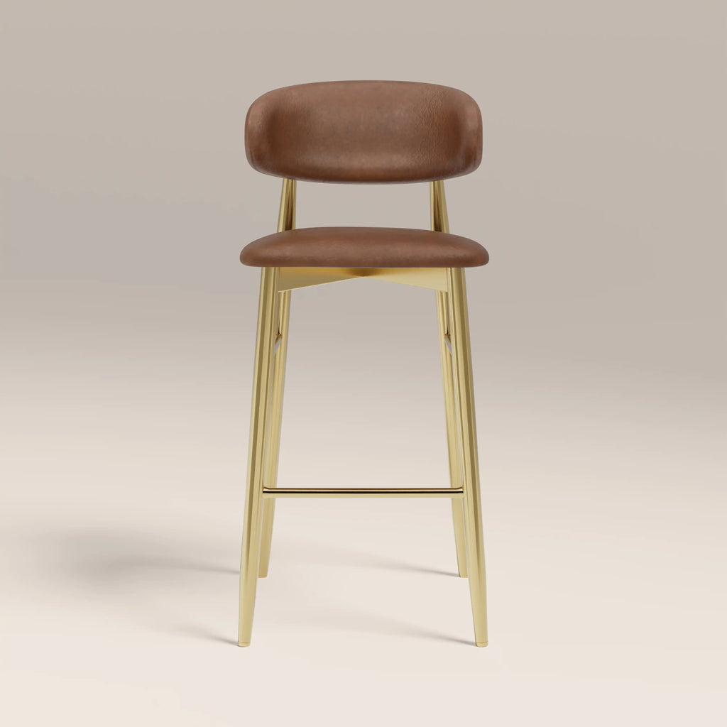 Halston Bar Stool | Vintage Tan Faux Leather & Brass