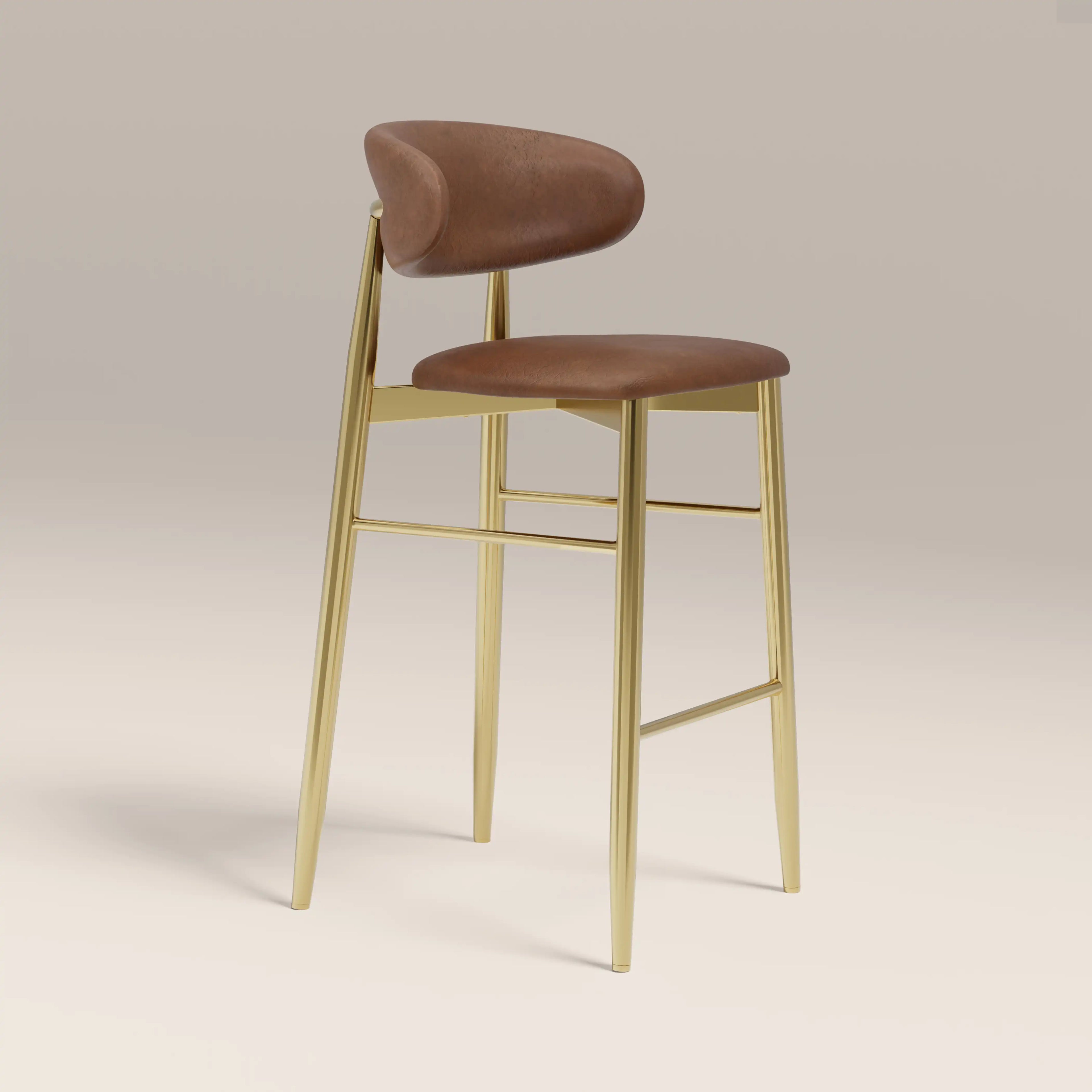 Halston Bar Stool | Vintage Tan Faux Leather & Brass
