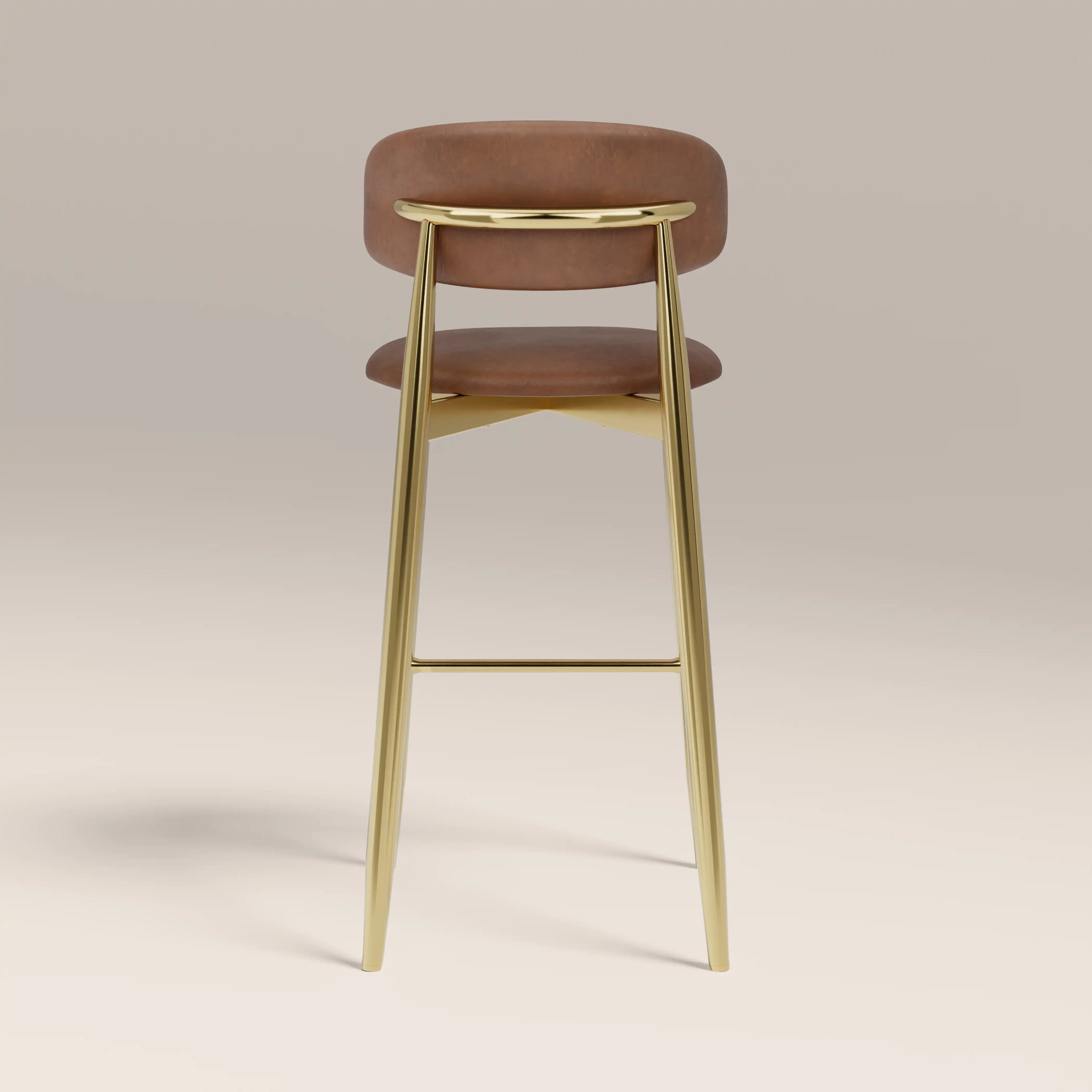 Halston Bar Stool | Vintage Tan Faux Leather & Brass