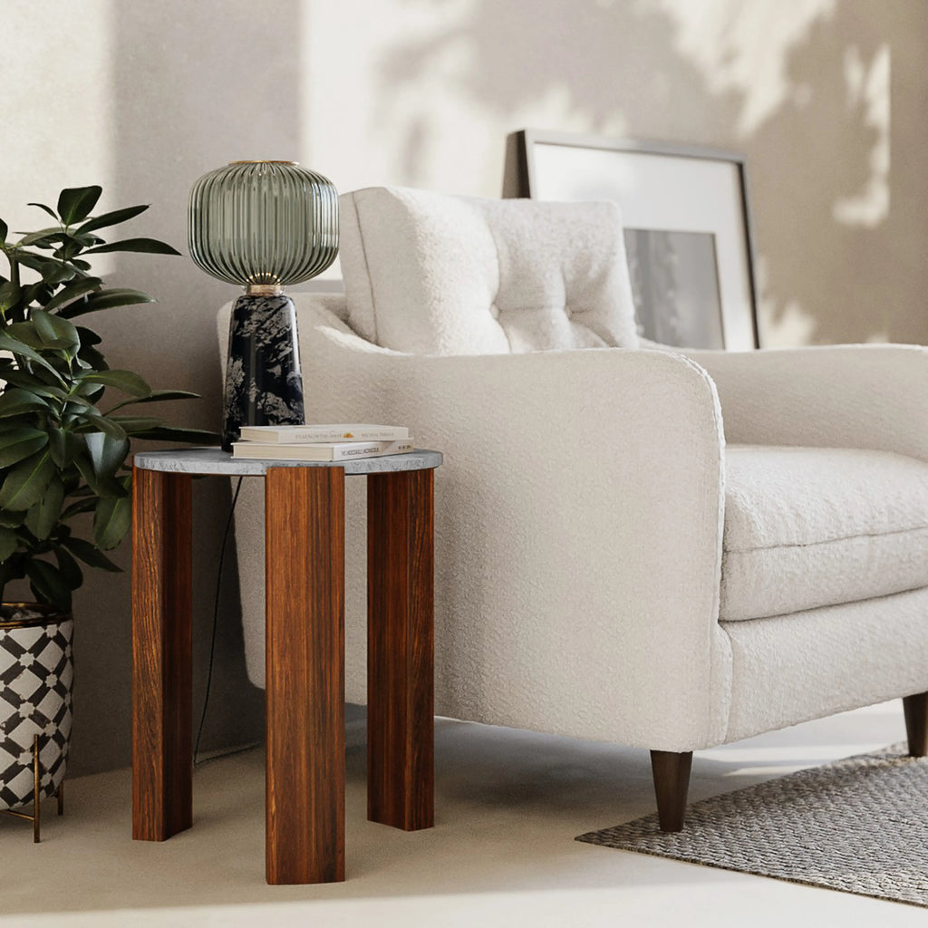 Emil Round Side Table | Grey Marble & Walnut