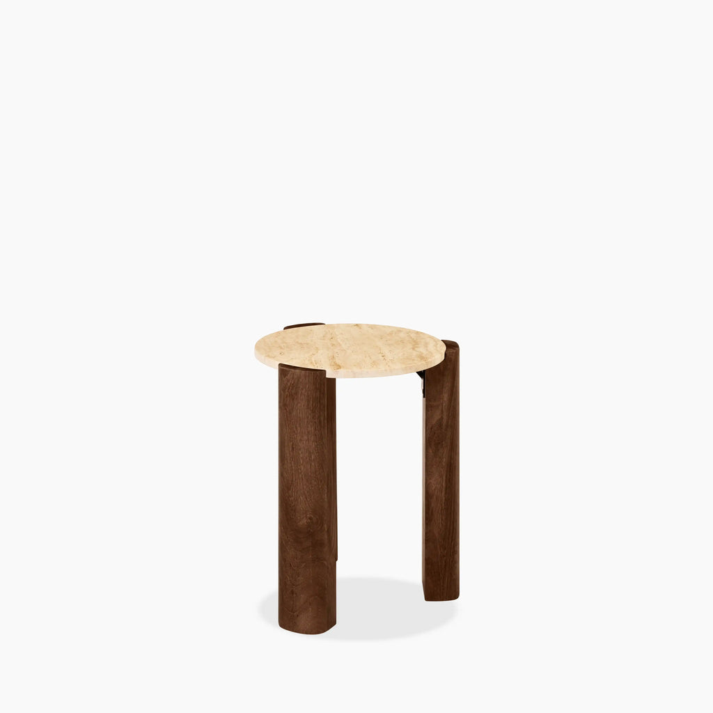 Emil Round Side Table | Natural Travertine & Walnut