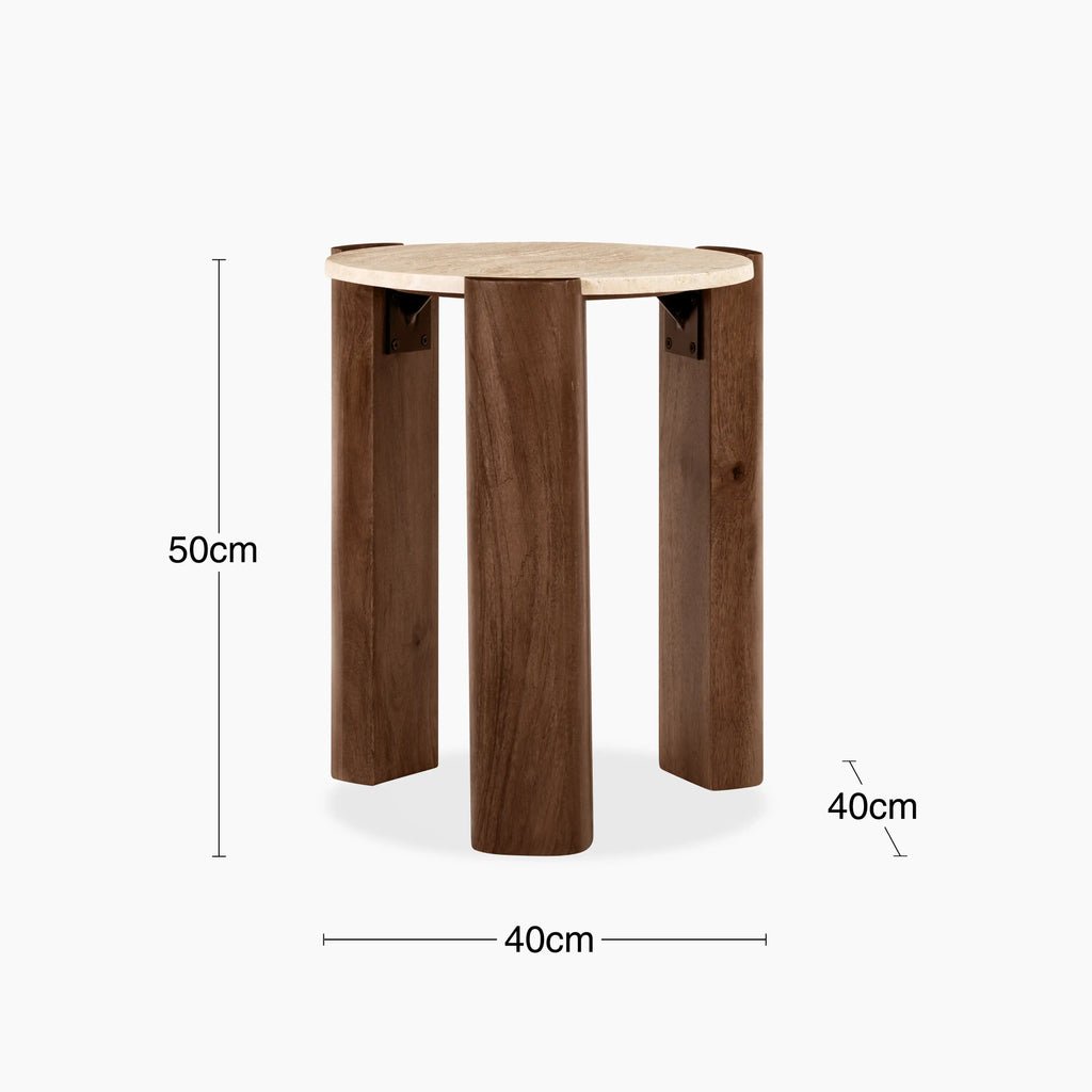 Emil Round Side Table | Natural Travertine & Walnut