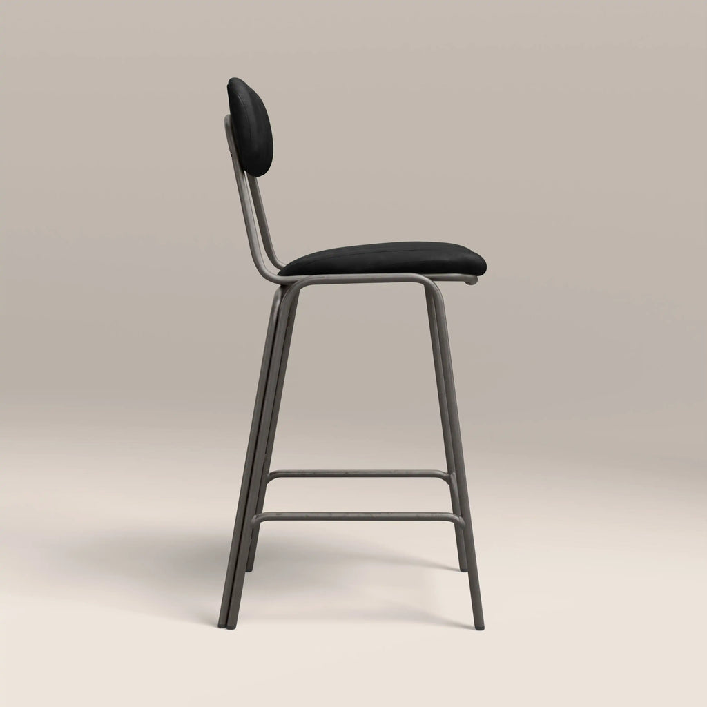 Boston Bar Stool With Backrest | Black Faux Leather & Gunmetal