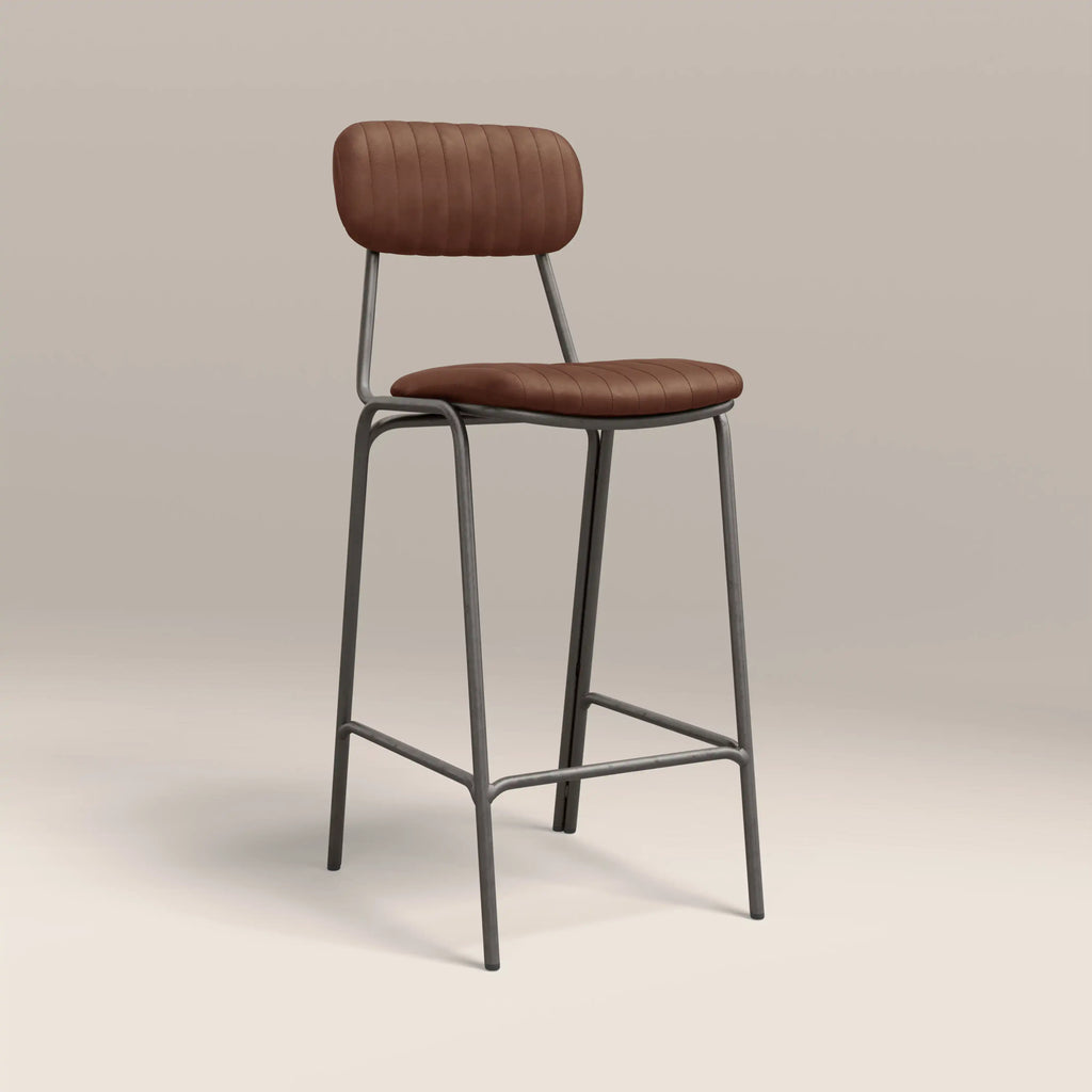 Boston Bar Stool With Backrest | Tan Faux Leather & Gunmetal