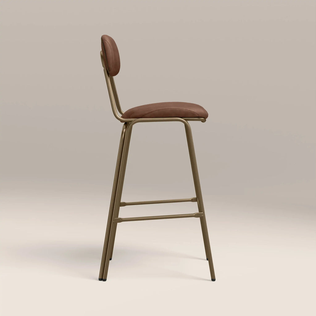 Boston Bar Stool With Backrest | Vintage Tan Faux Leather & Brass