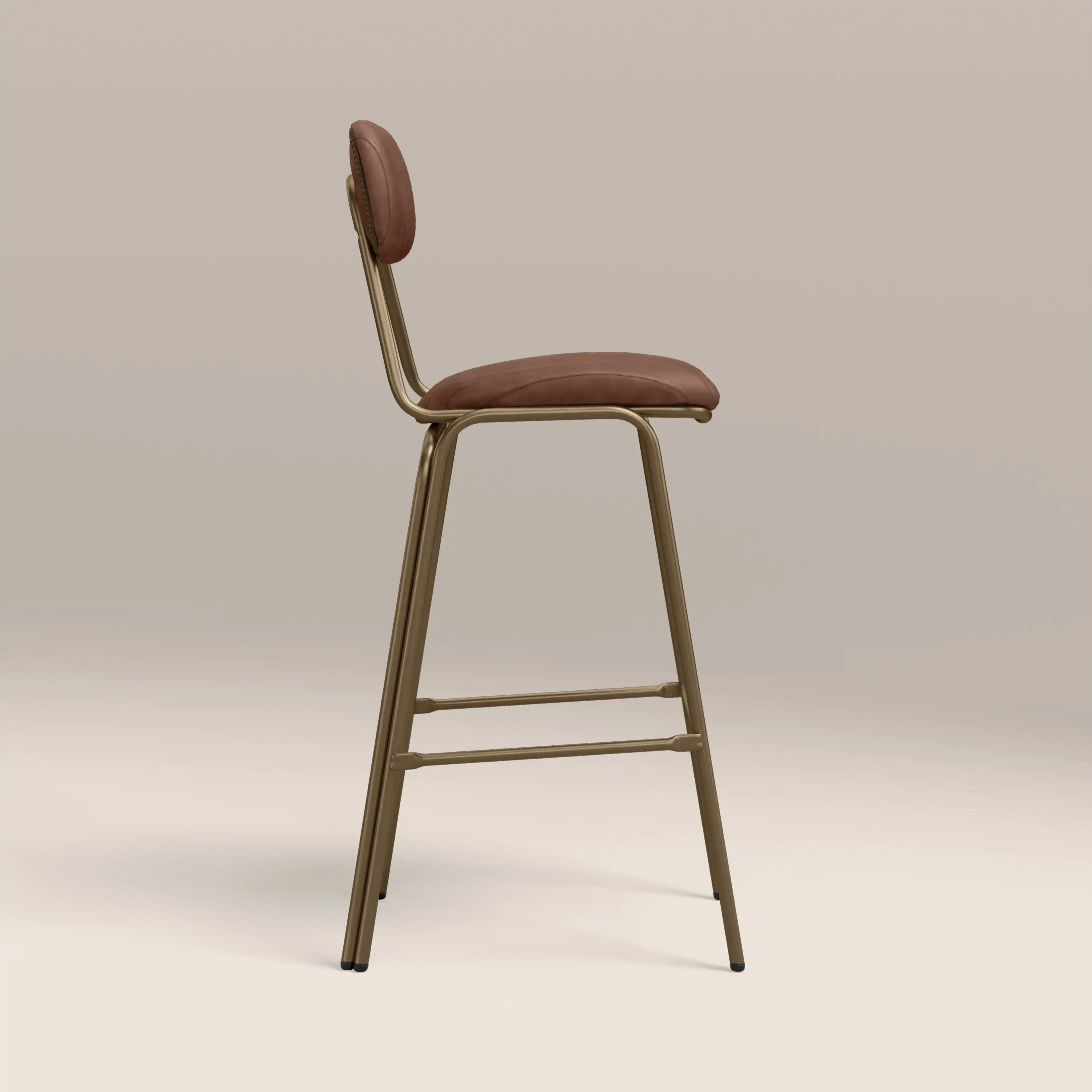 Boston Bar Stool With Backrest | Vintage Tan Faux Leather & Brass