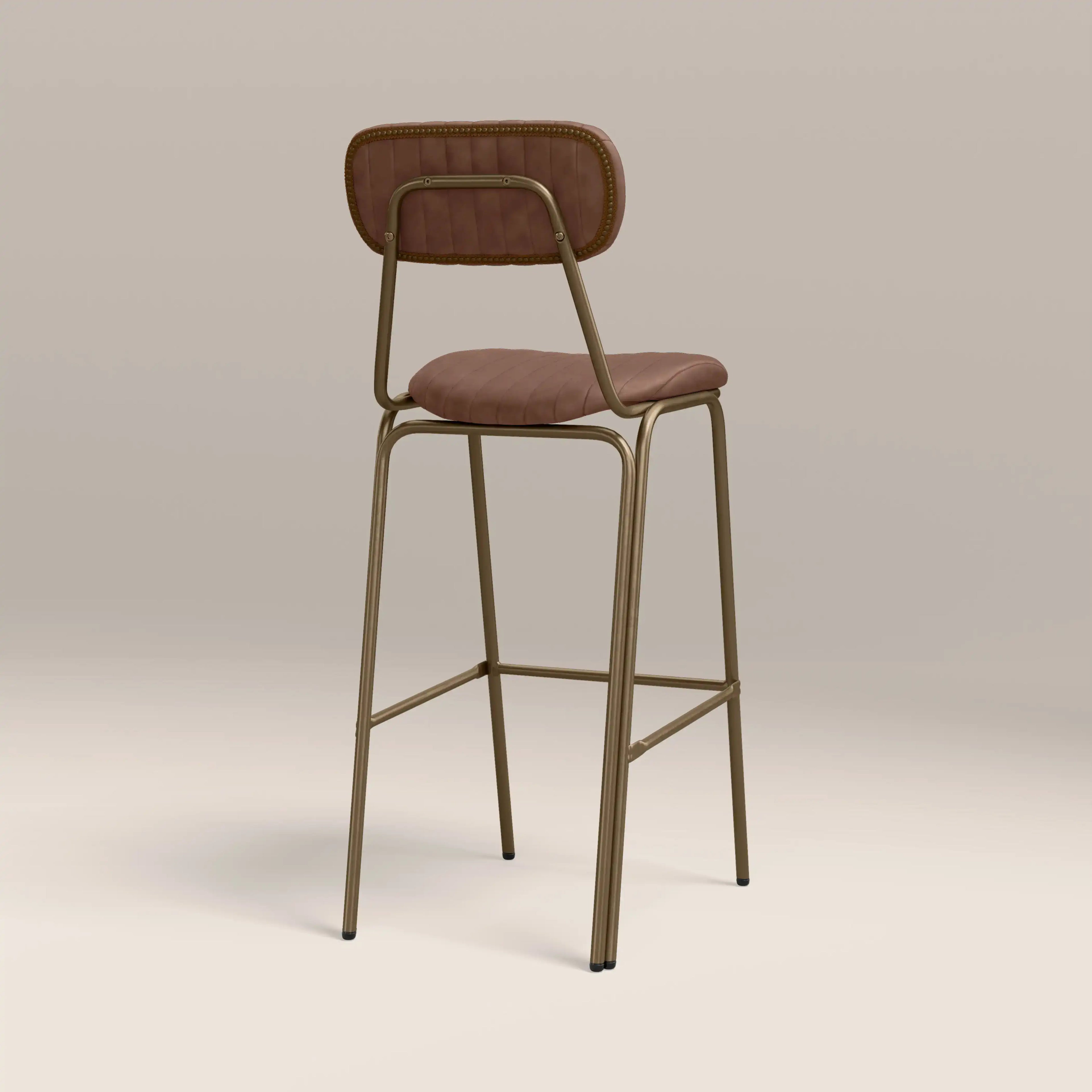 Boston Bar Stool With Backrest | Vintage Tan Faux Leather & Brass