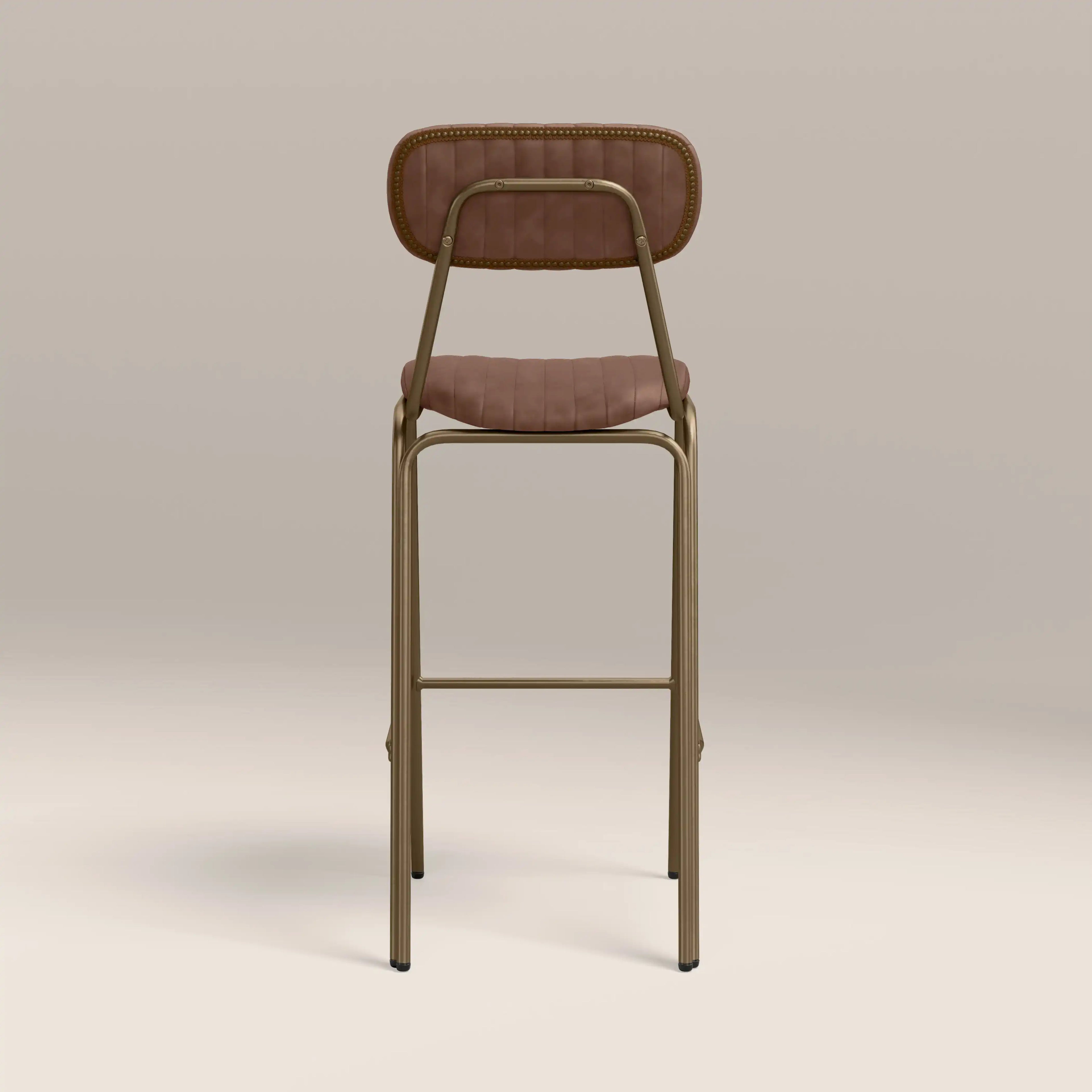Boston Bar Stool With Backrest | Vintage Tan Faux Leather & Brass