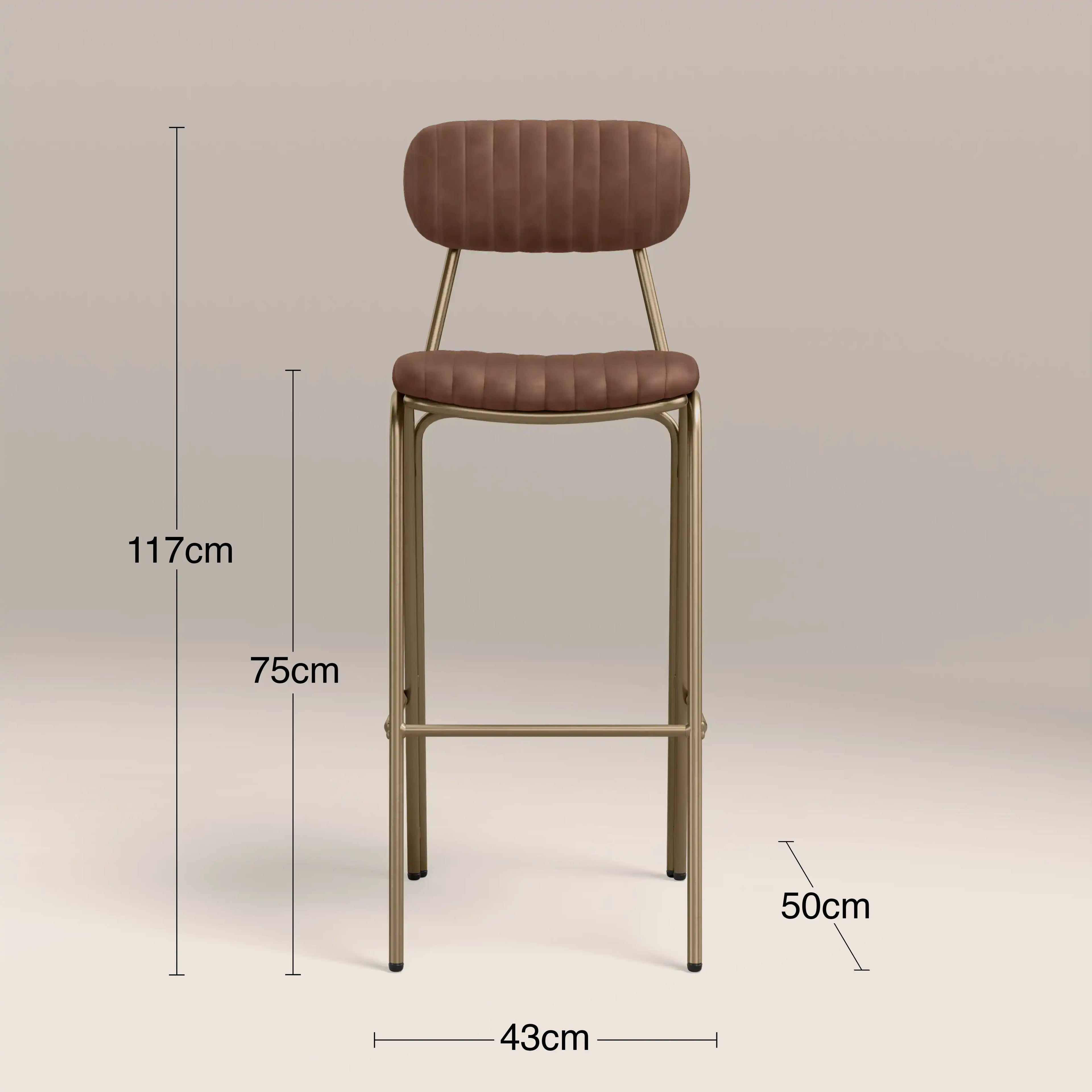 Boston Bar Stool With Backrest | Vintage Tan Faux Leather & Brass