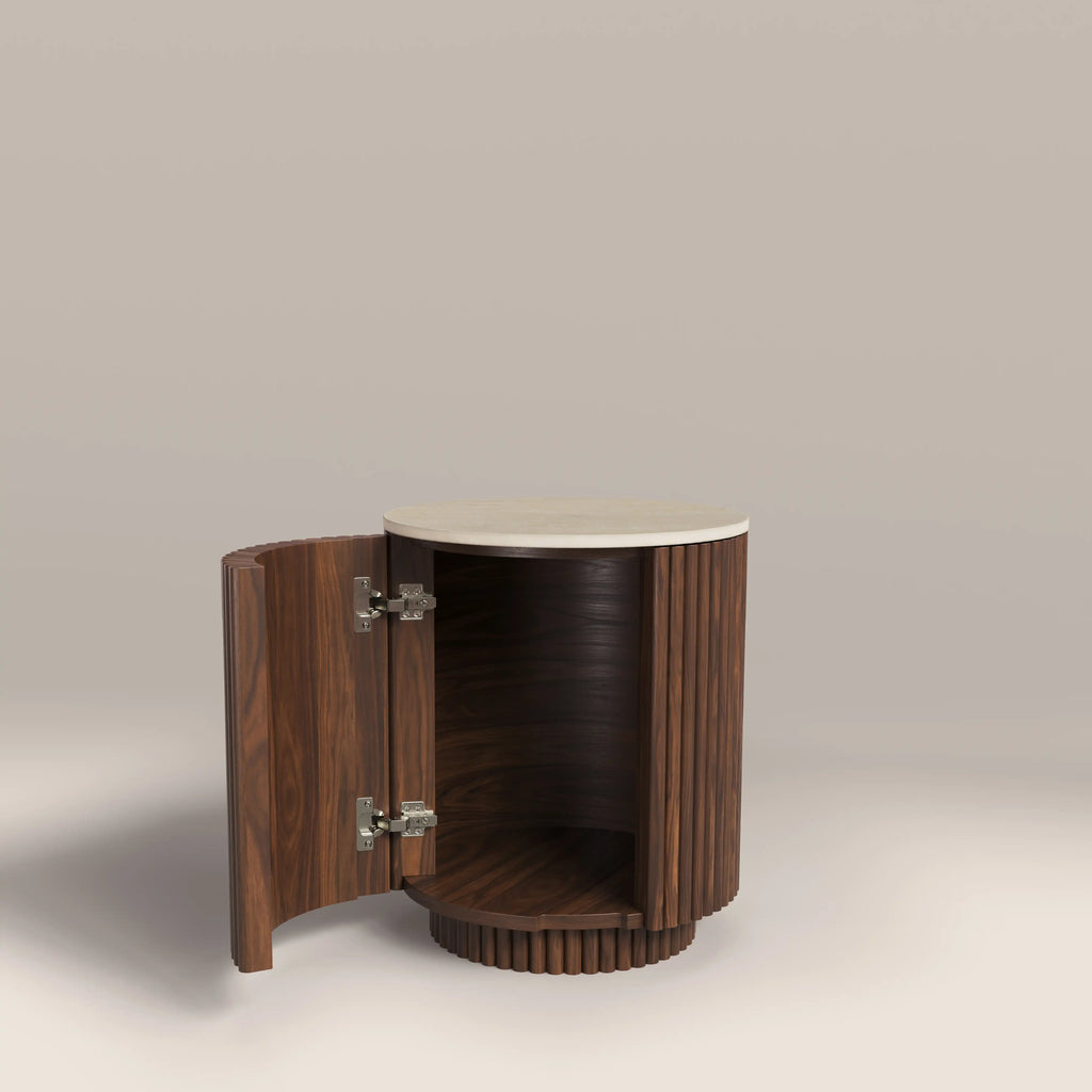 Everly Round Storage Side Table | Natural Travertine Effect Sintered Stone & Walnut