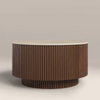 Everly Round Storage Coffee Table | Natural Travertine Effect Sintered Stone & Walnut