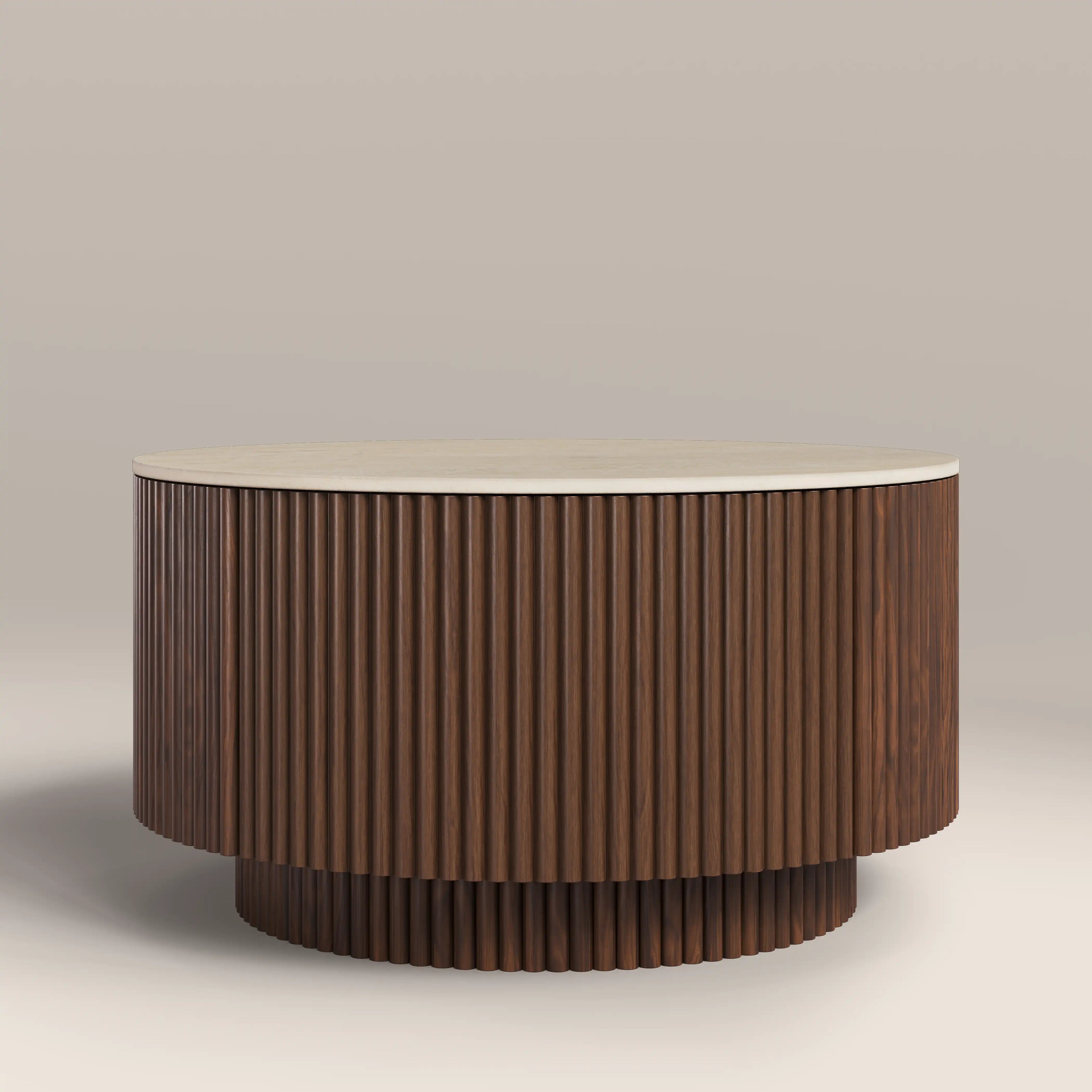 Everly Round Storage Coffee Table | Natural Travertine Effect Sintered Stone & Walnut