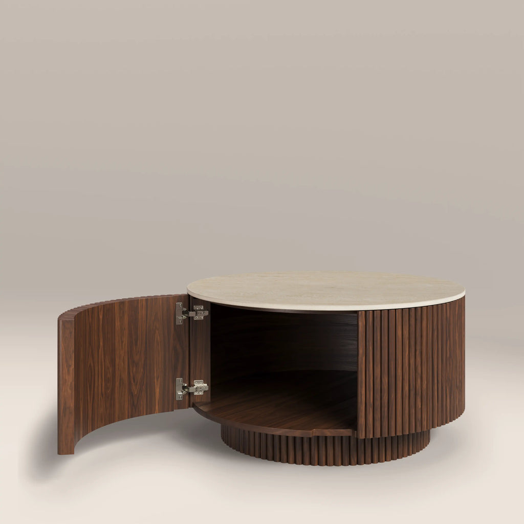 Everly Round Storage Coffee Table | Natural Travertine Effect Sintered Stone & Walnut