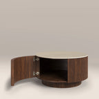 Everly Round Storage Coffee Table | Natural Travertine Effect Sintered Stone & Walnut