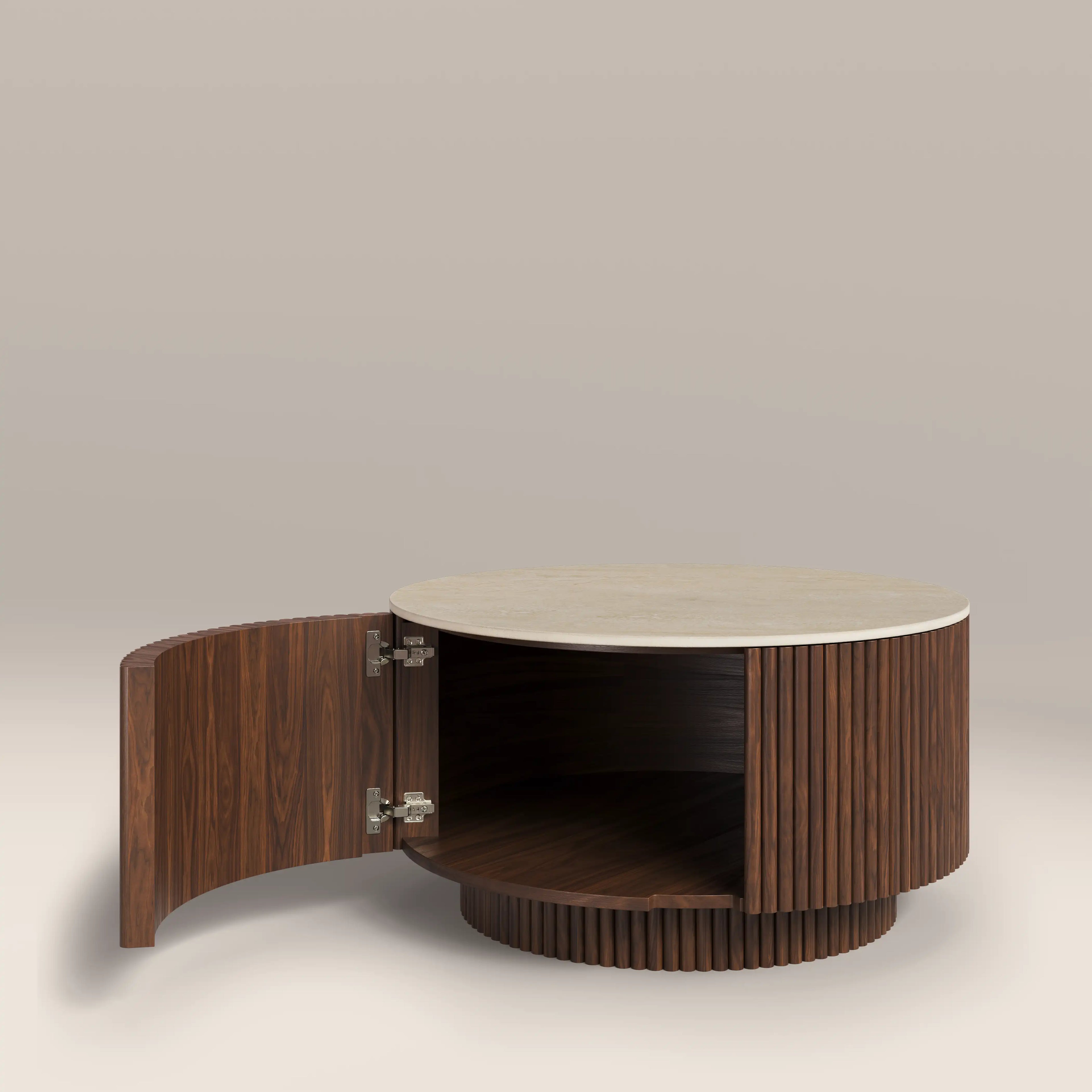 Everly Round Storage Coffee Table | Natural Travertine Effect Sintered Stone & Walnut