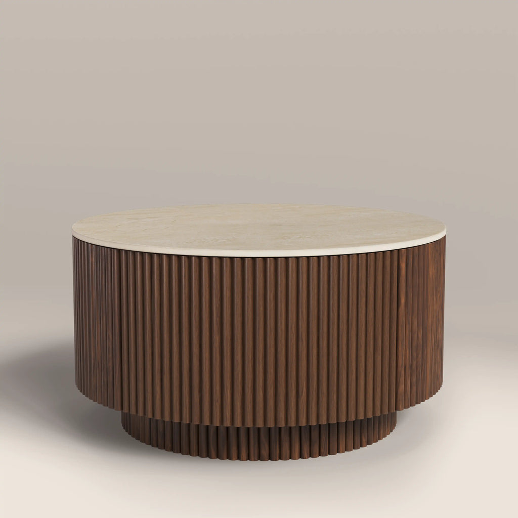 Everly Round Storage Coffee Table | Natural Travertine Effect Sintered Stone & Walnut