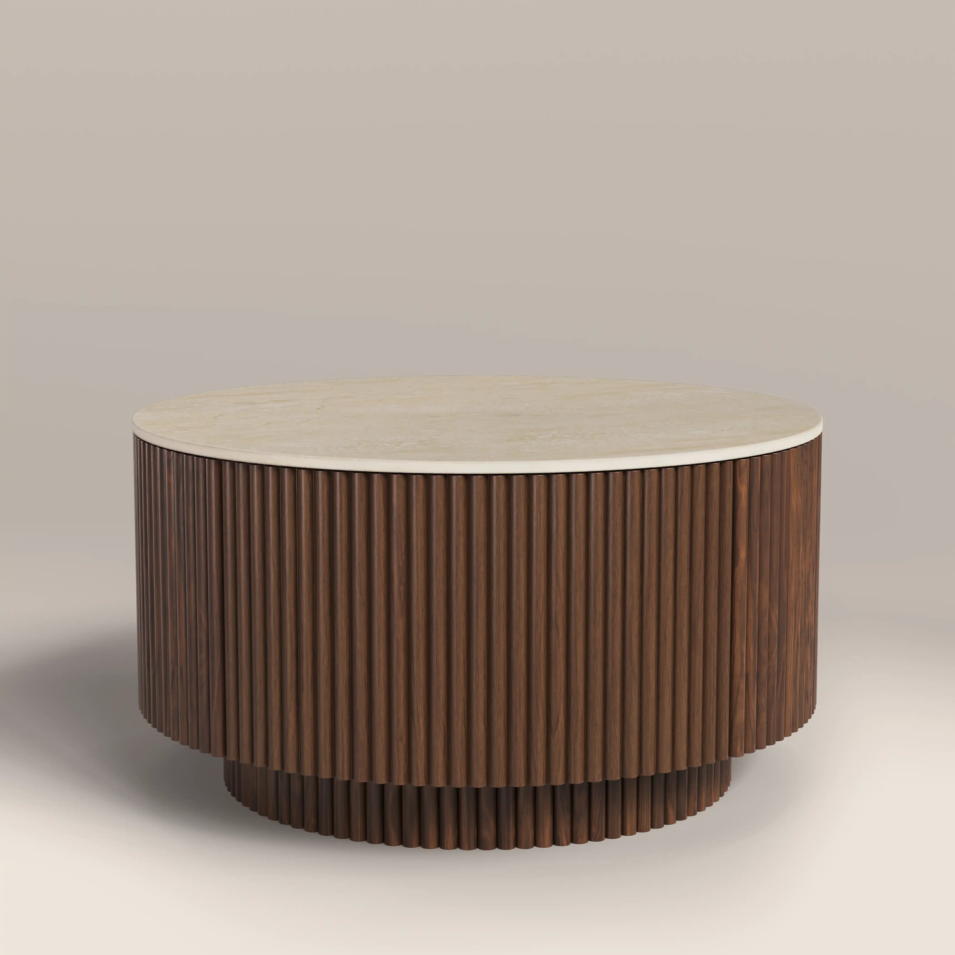 Everly Round Storage Coffee Table | Natural Travertine Effect Sintered Stone & Walnut