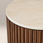 Everly Round Storage Side Table | Natural Travertine Effect Sintered Stone & Walnut