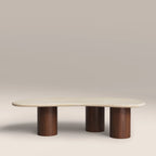Brynleigh Curved Coffee Table | Natural Travertine Effect Stone & Walnut