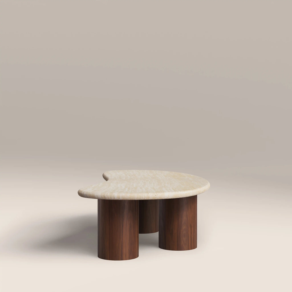 Brynleigh Curved Coffee Table | Natural Travertine Effect Stone & Walnut
